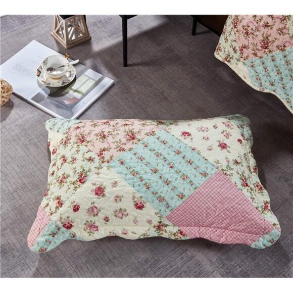 Sunshine Pink and Green Rose Patchwork, 2-Piece Quilt Set with 1 Sham - Picture 6 of 7